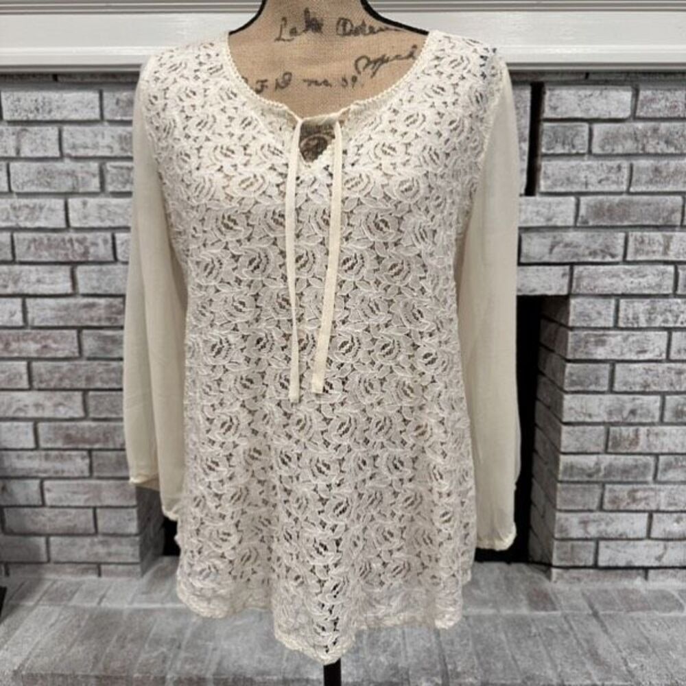 Vintage Y2K Lucky Brand Women’s Lace Ivory Tie Blouse Medium peasant Top Feminin